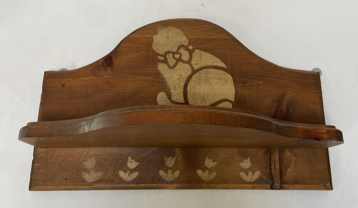 Vtg Solid Wood Wall Shelf Brown Gold Cat Stenciled Tulips Country Rustic Kitschy