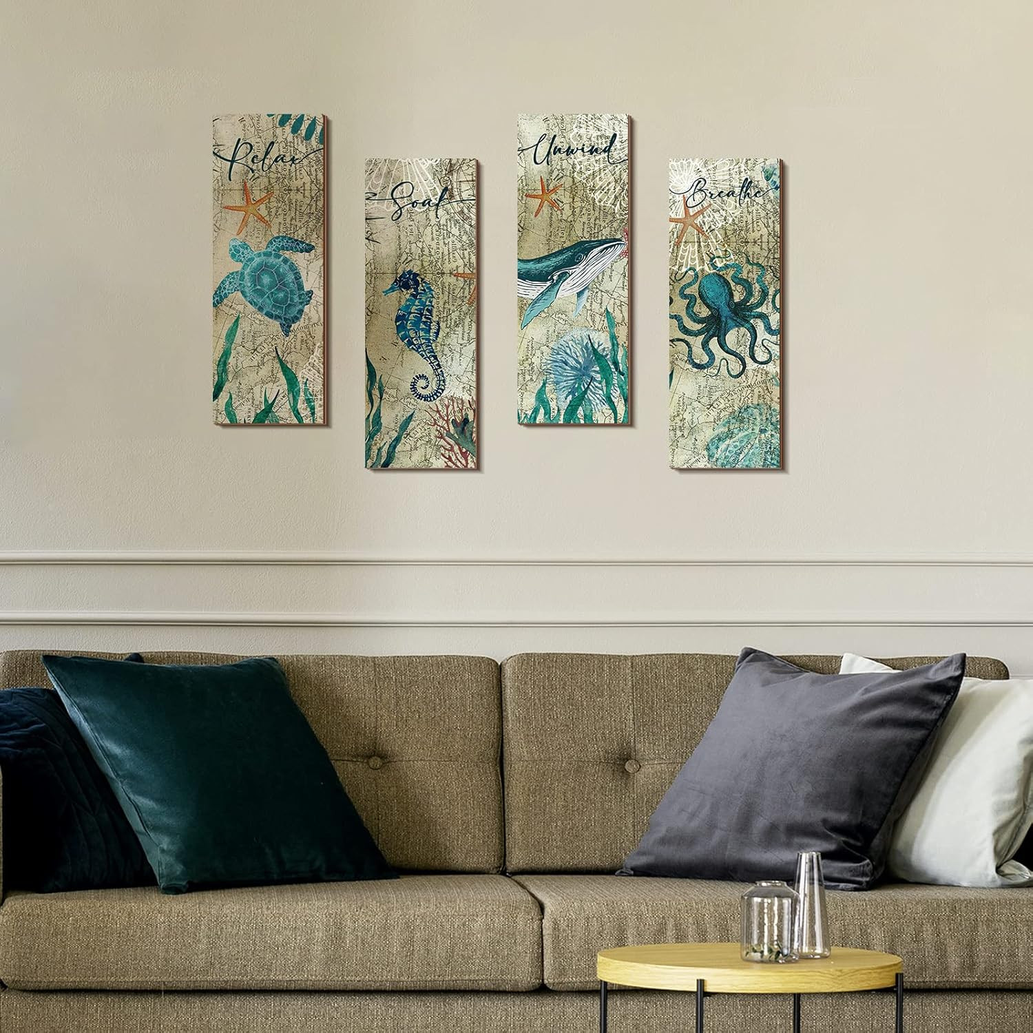 4 Pieces Beach Bathroom Decor Wall Sign Ocean Decor Sea Turtle Wall Art Nautical