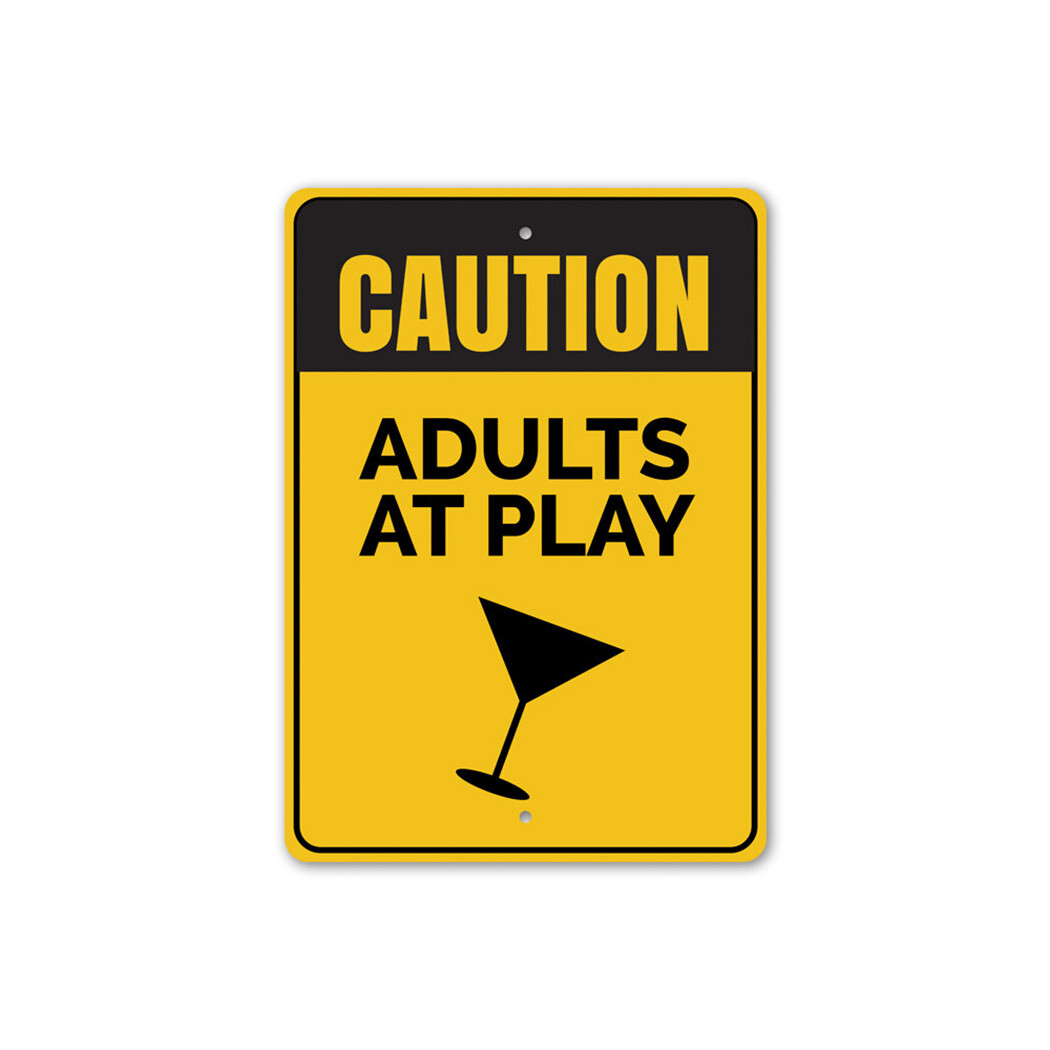 Caution: Adults at Play, Martini Cocktail Glass Bar Sign, Bar Metal Sign