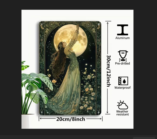 METAL ART- Moon Goddess, Vintage Style Metal Wall Decoration, 8×12 Inch