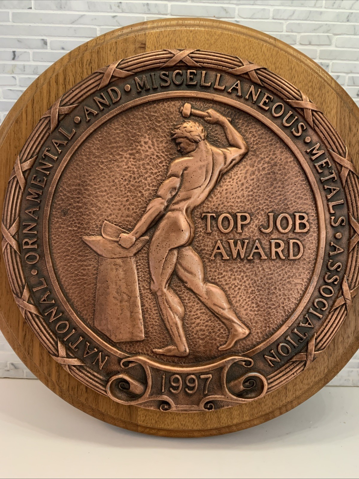 12″ Dia. Cast BRONZE Top Job Award Wall Plaque Naked Male Figure Forging Metal