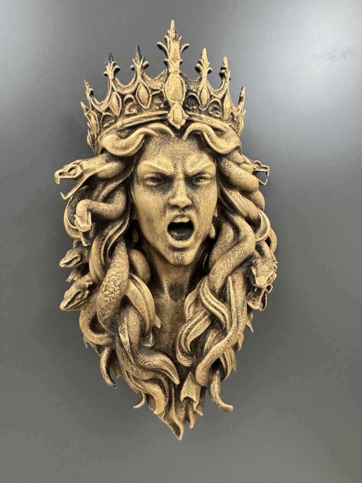 Crowned Medusa Wall Sculpture Gothic Snake Queen Wall Art Hair Painted Gold Art