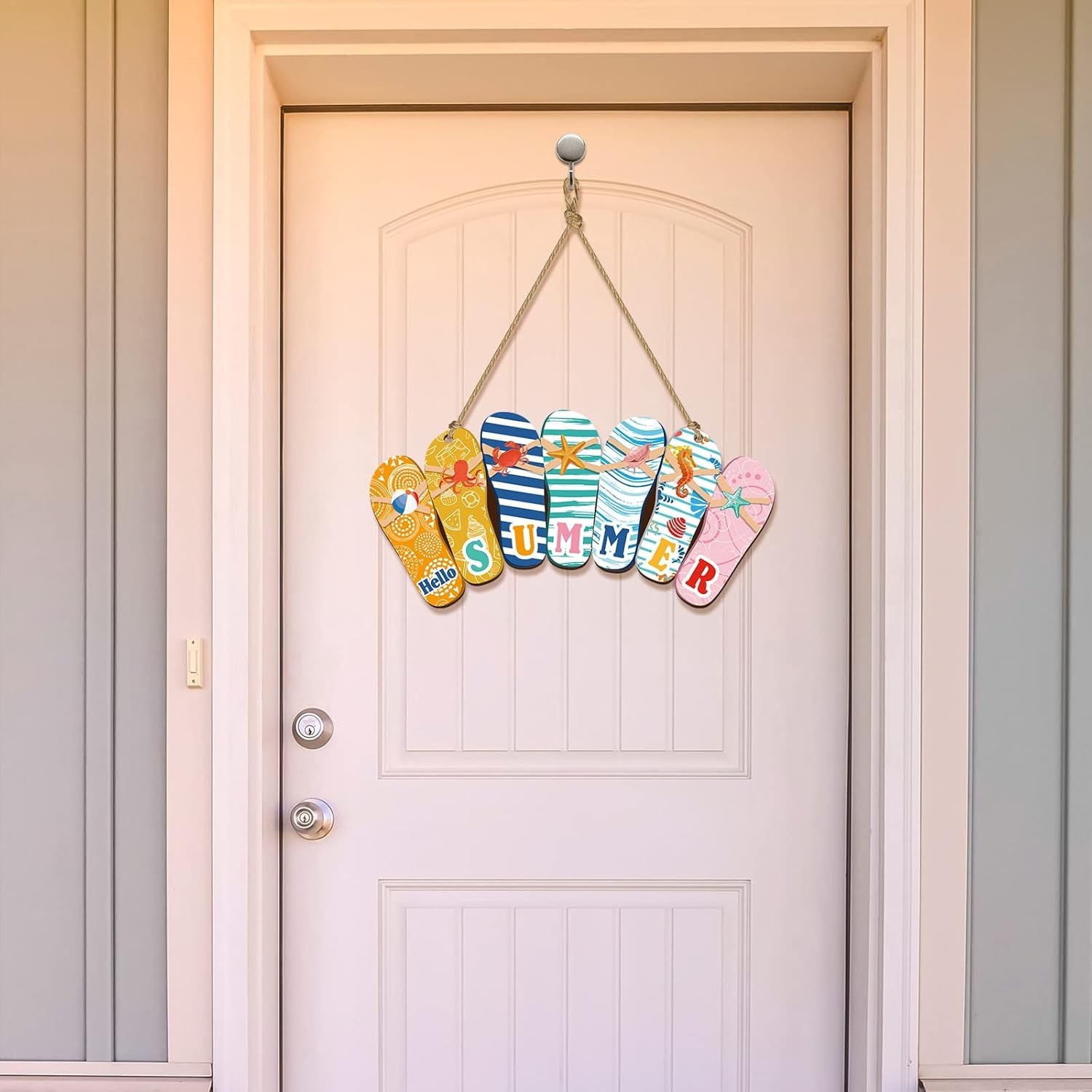 Hello Summer Door Sign Summer Wreaths for Front Door Hanger Rustic Wooden