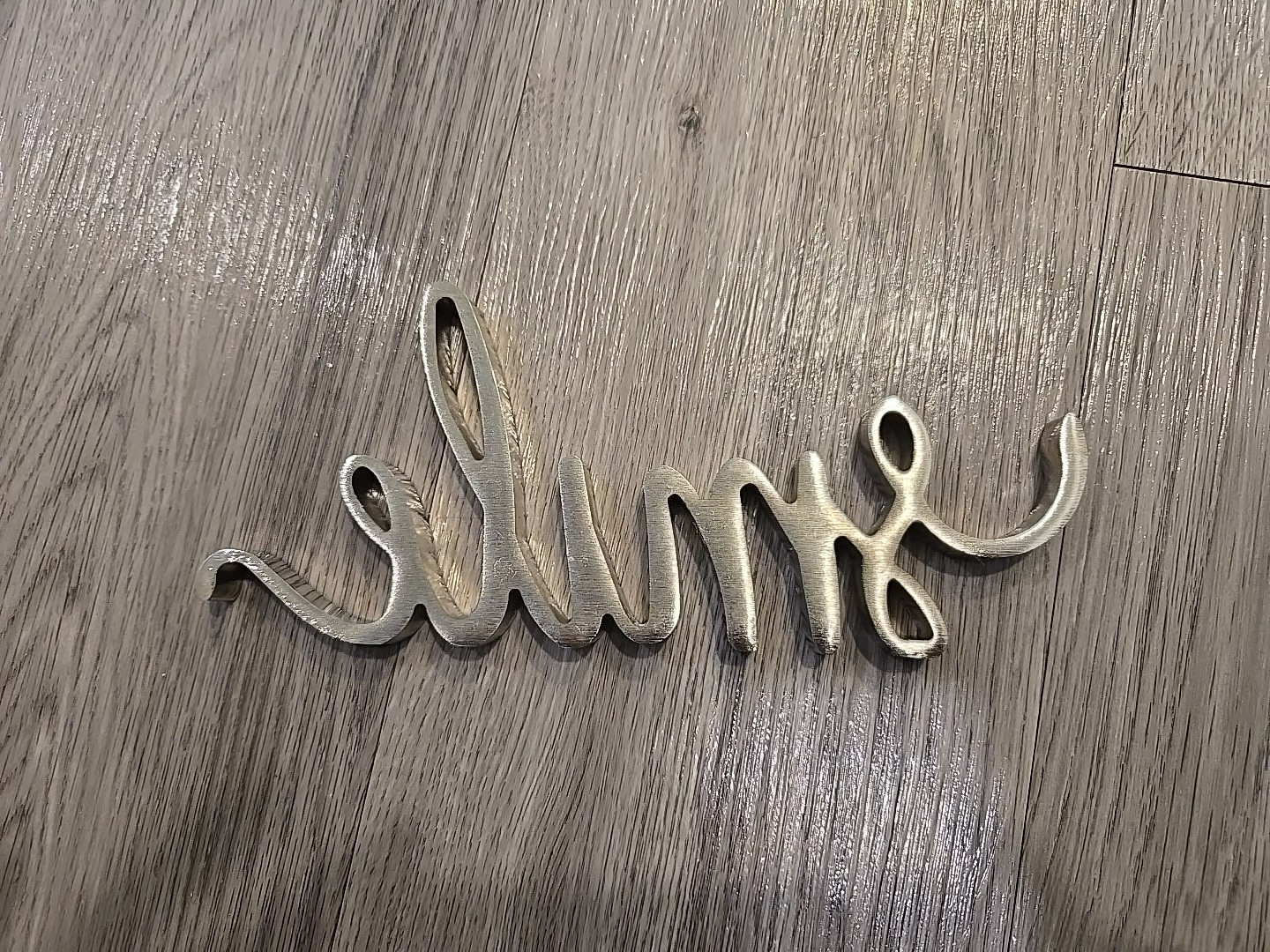 SMILE CURSIVE DESK SHELF SITTER SILVER TONE METAL CONTEMPORARY SIGN DECOR