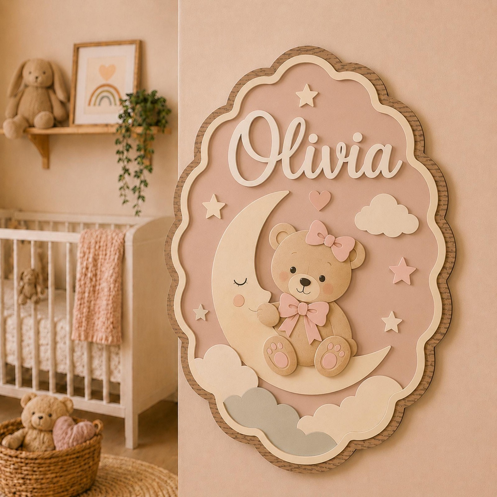 Personalized Teddy Bear Moon Nursery Sign, Custom Baby Girl Name Sign, Teddy