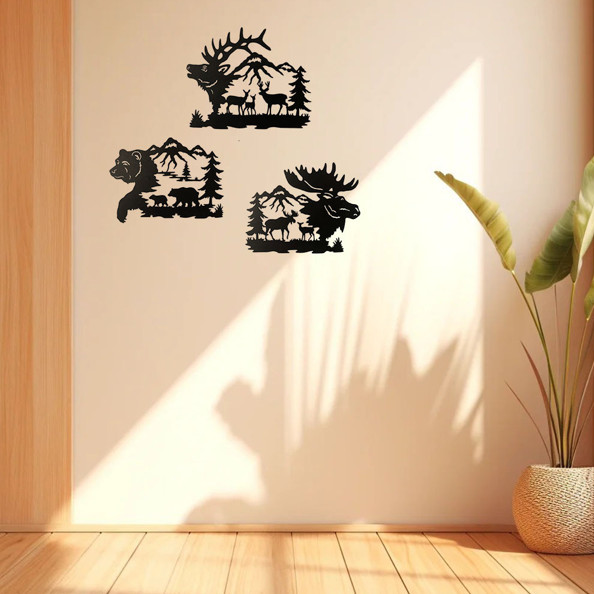 3pcs Metal Wildlife Wall Art Bear Elk Moose for Cabin Rustic Home Decor