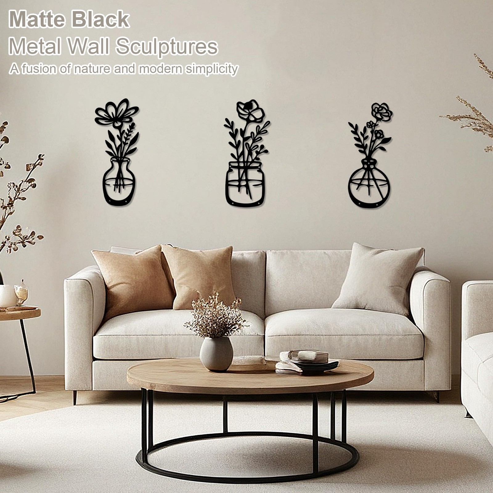 3 PCS Matte Black Metal Flower Wall Art Decor Living Room Bedroom Kitchen