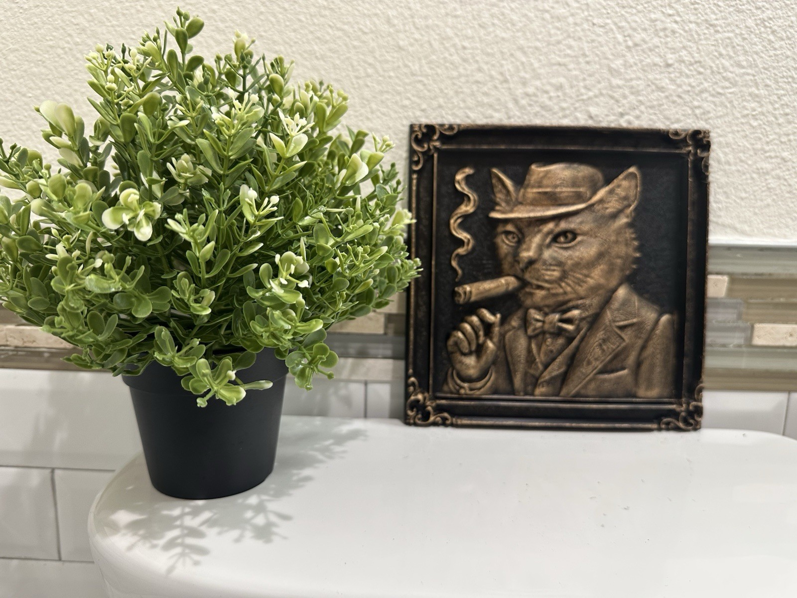 3D Vintage Antique Cat In Suit Smoking Cigar 8” X 8” Plaque Wall Art Sculpture