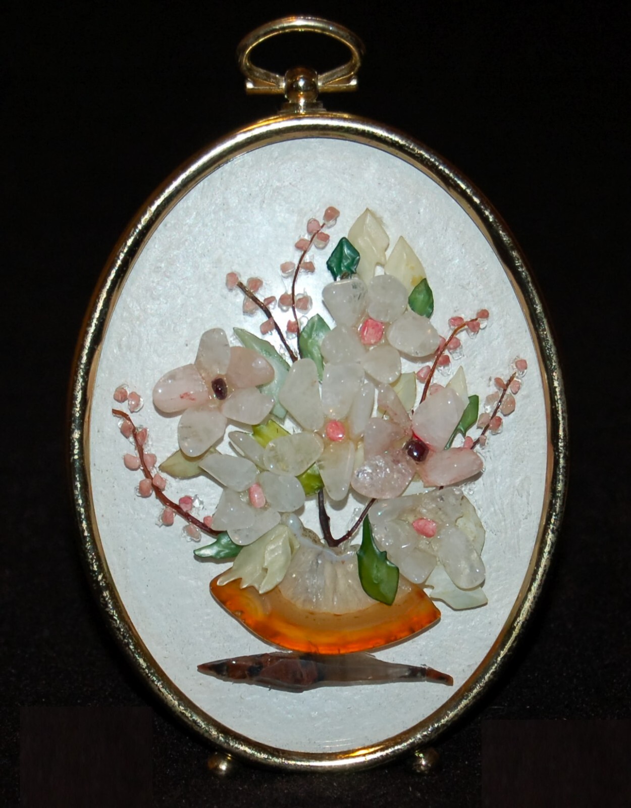 VINTAGE Brass Framed Polished Stones Flower Art MAGNIFICENT!
