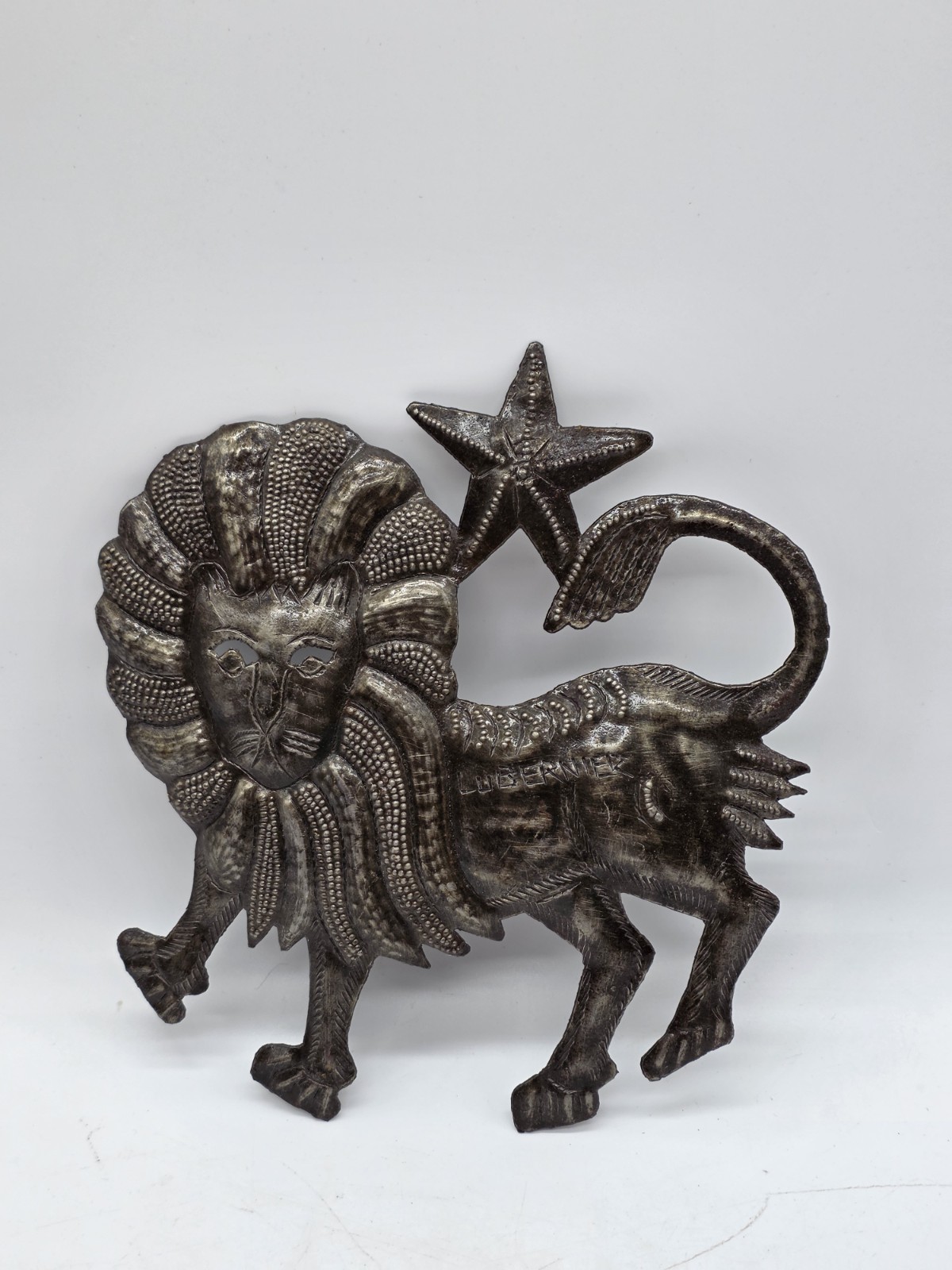 Haitian Artist Lubernier Cut Metal Lion With Star Wall Art Leo Astrology Tropics