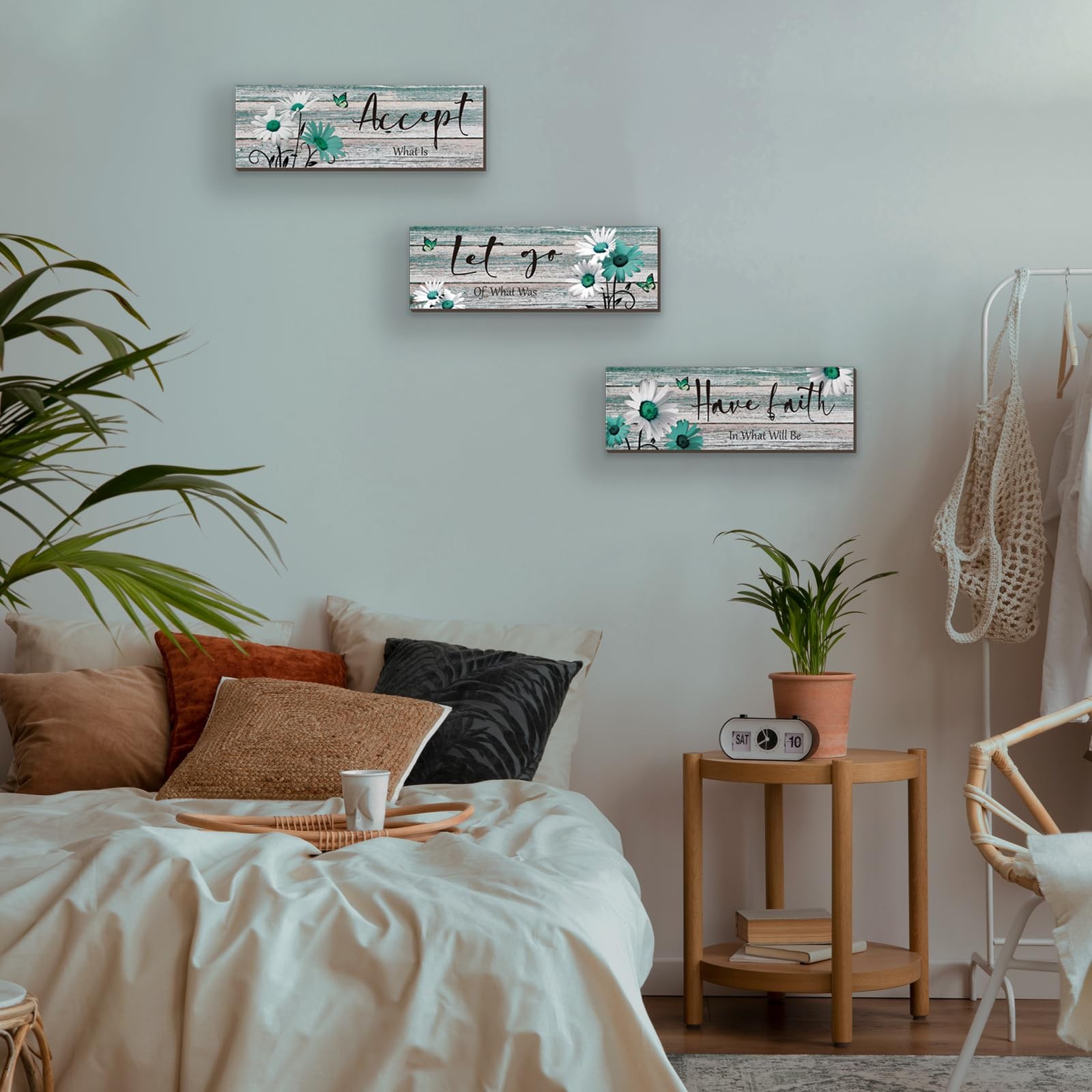 3 Pcs Farmhouse Bathroom Wall Decor Teal Daisy Floral Flowers and Turquoise B…