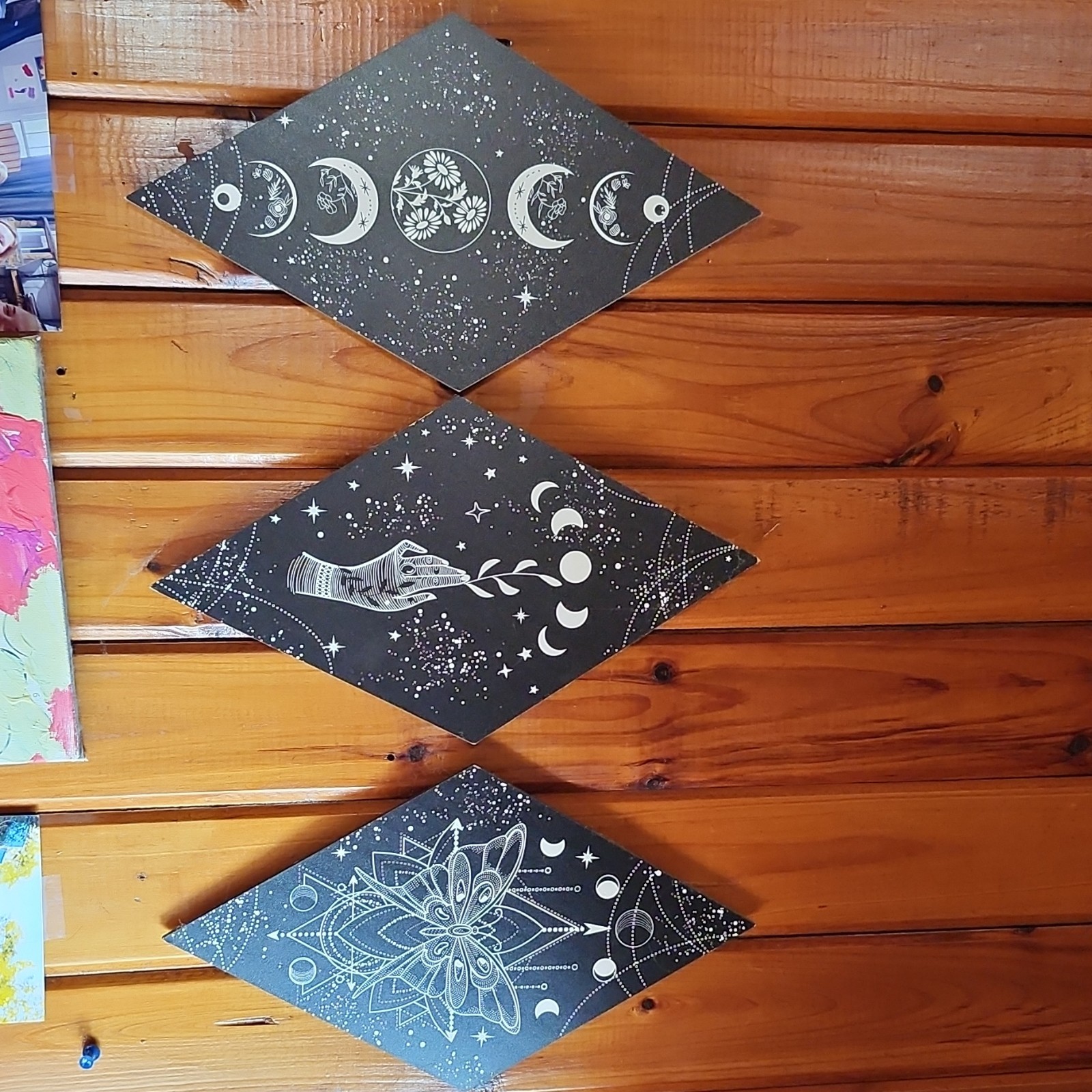 Diamond-Shaped Celestial Bohemian Wall Plaques Set, Black & White Wood