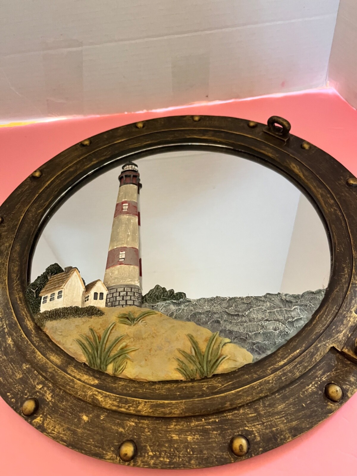 Nautical/ Port Hole /Mirror/ Raised Lighthouse Resin Wall Decor 12 1/2″