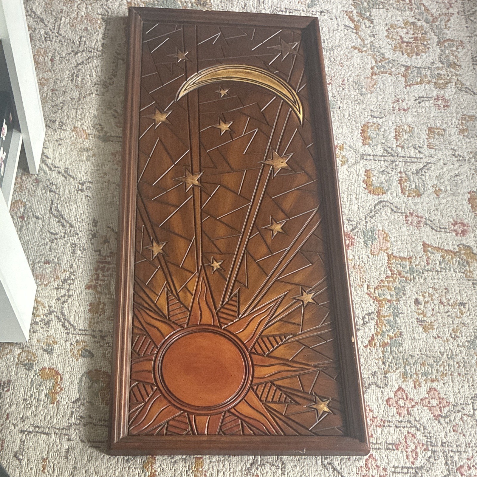 Vintage Celestial Carved Wood Panel Sun Moon Stars Glass Coffee Table Insert Ar