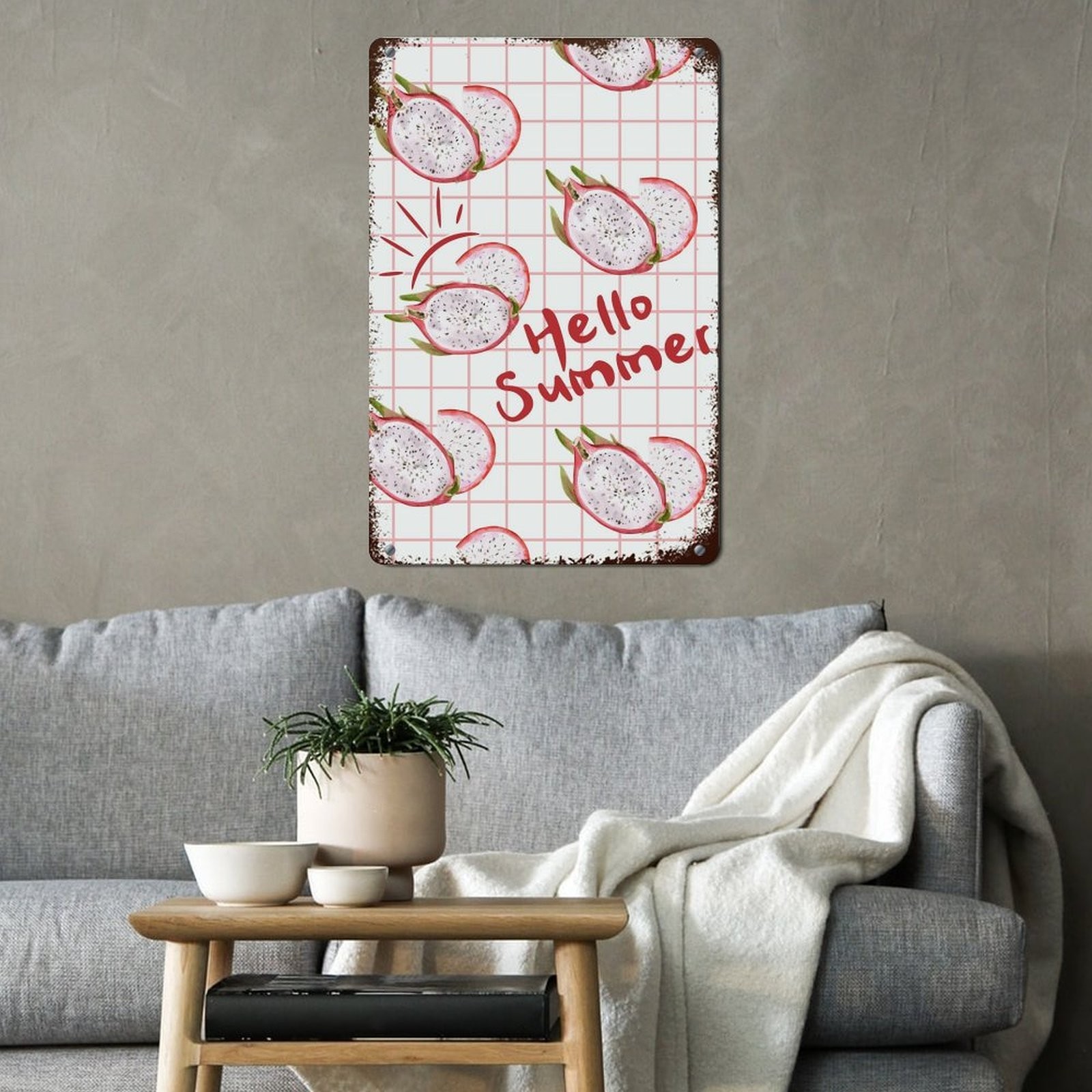 Hello Summer Dragon Fruit Grid Vintage Metal Sign Kitchen Fruit Theme Wall Decor