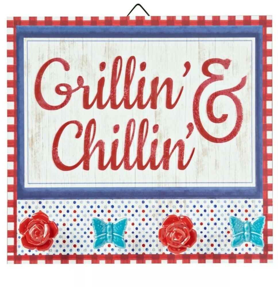 Pioneer Woman Grillin & Chillin Colorful Sign with 4 Ceramic Knobs Hangers New
