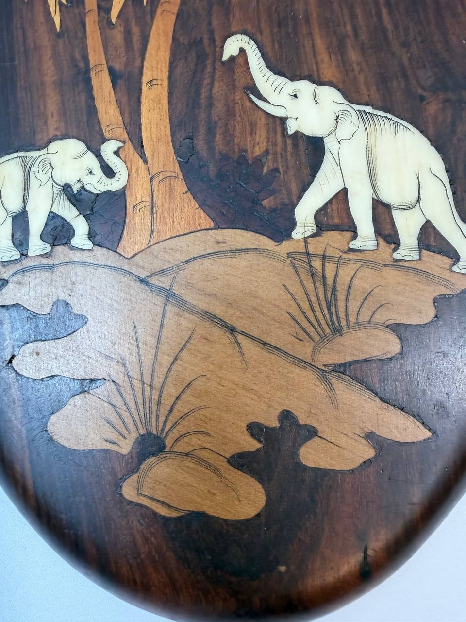 Wood Inlay Elephant Palm Trees Wall Plaque Handmade India Decor
