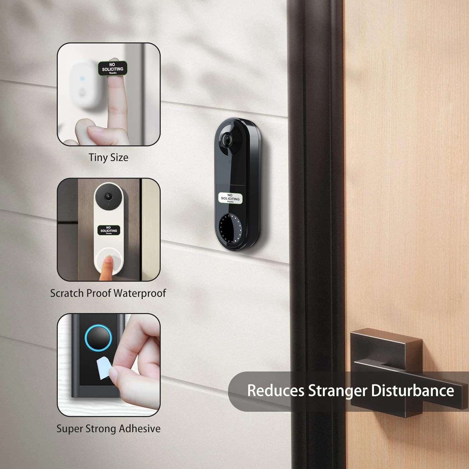 Stylish 6-Pack ‘No Soliciting’ Signs – 1×0.5 in, Black & White for All Doorbells