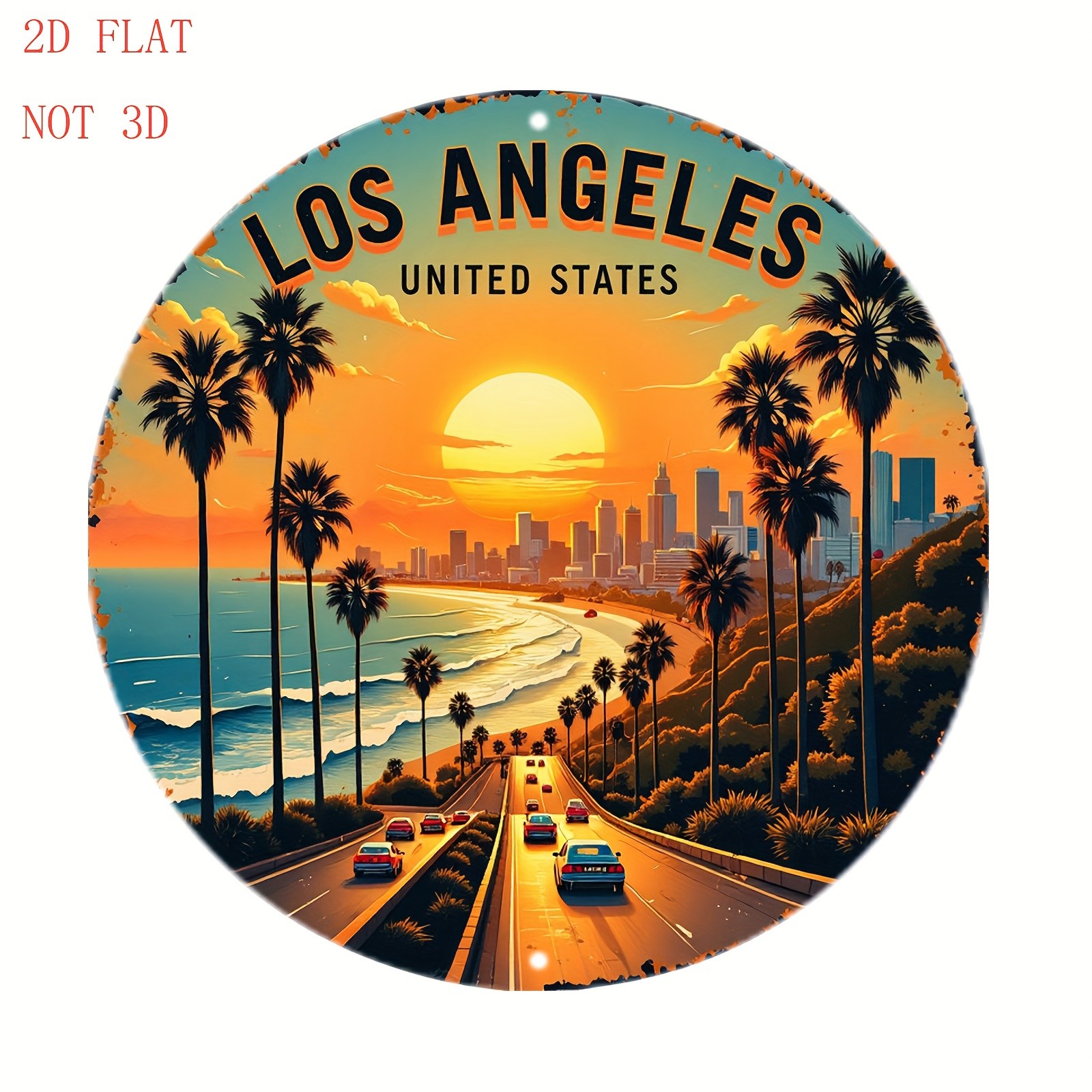 Metal Wall Art Aluminum Sign 8 Inch Round Los Angeles Sunset Palm Trees