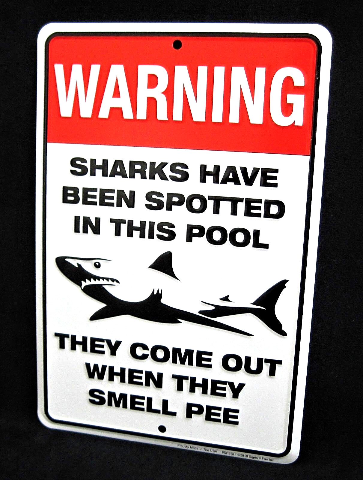SHARKS Spotted in Pool -*US MADE* Embossed Metal Sign -Man Cave Garage Bar Decor