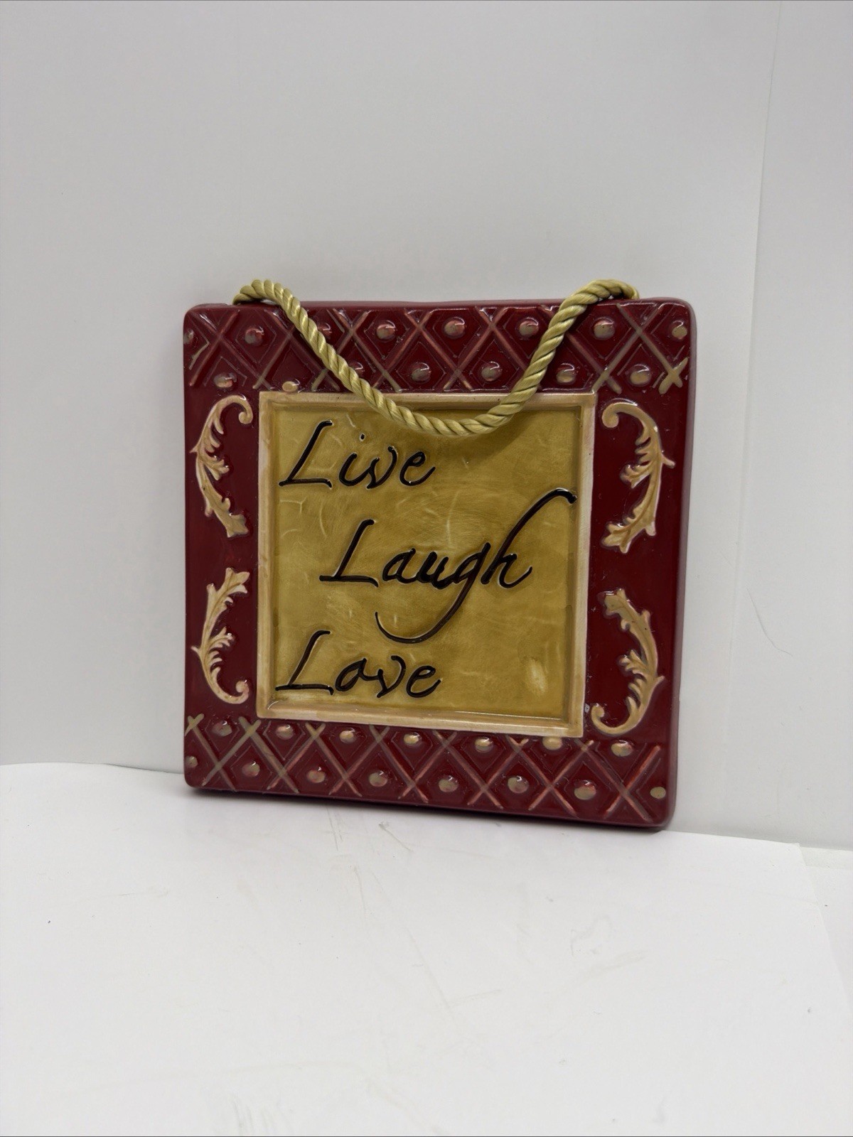 Live Laugh Love Ceramic Wall Hanging Plaque Kitchen Decor Burgundy 8×8 Rustic