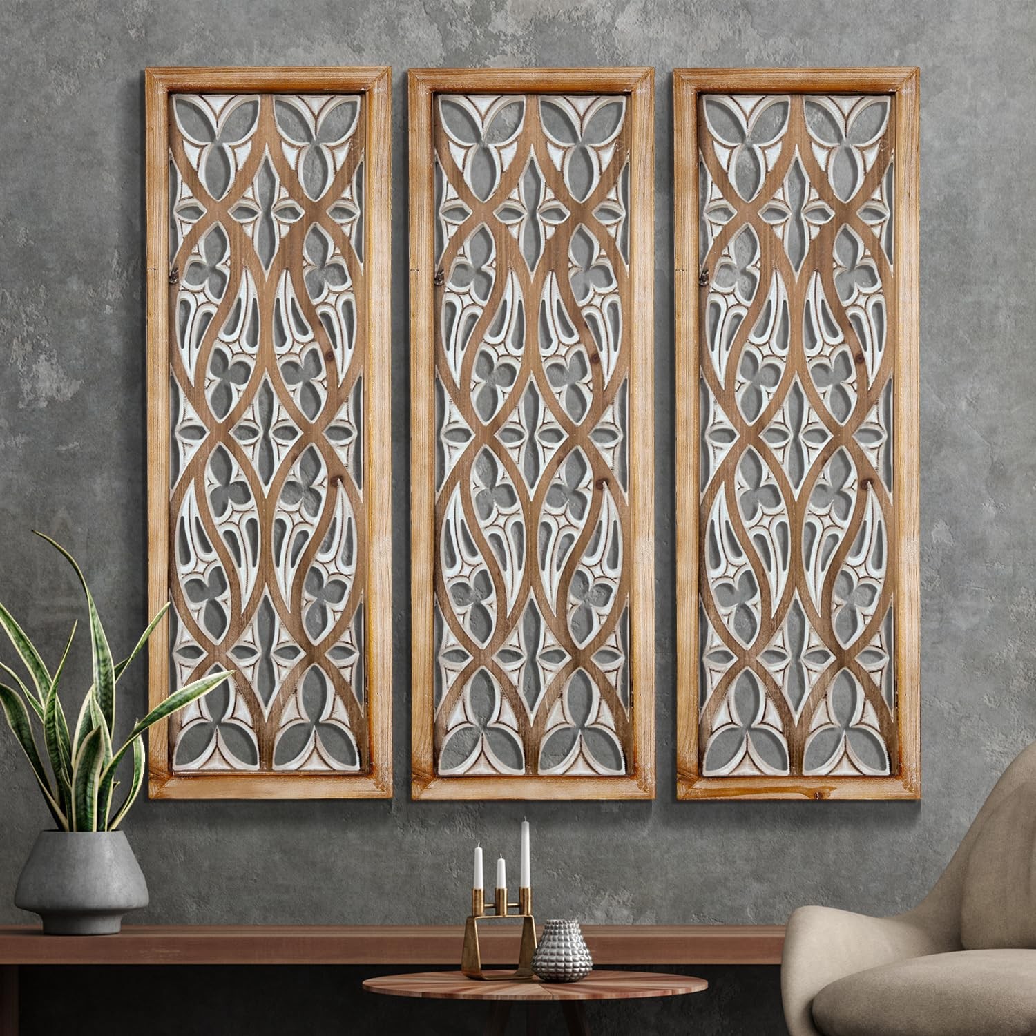 Boho Hand-Carved Ornate Geometric Wood Wall Art Panels, Set of 3