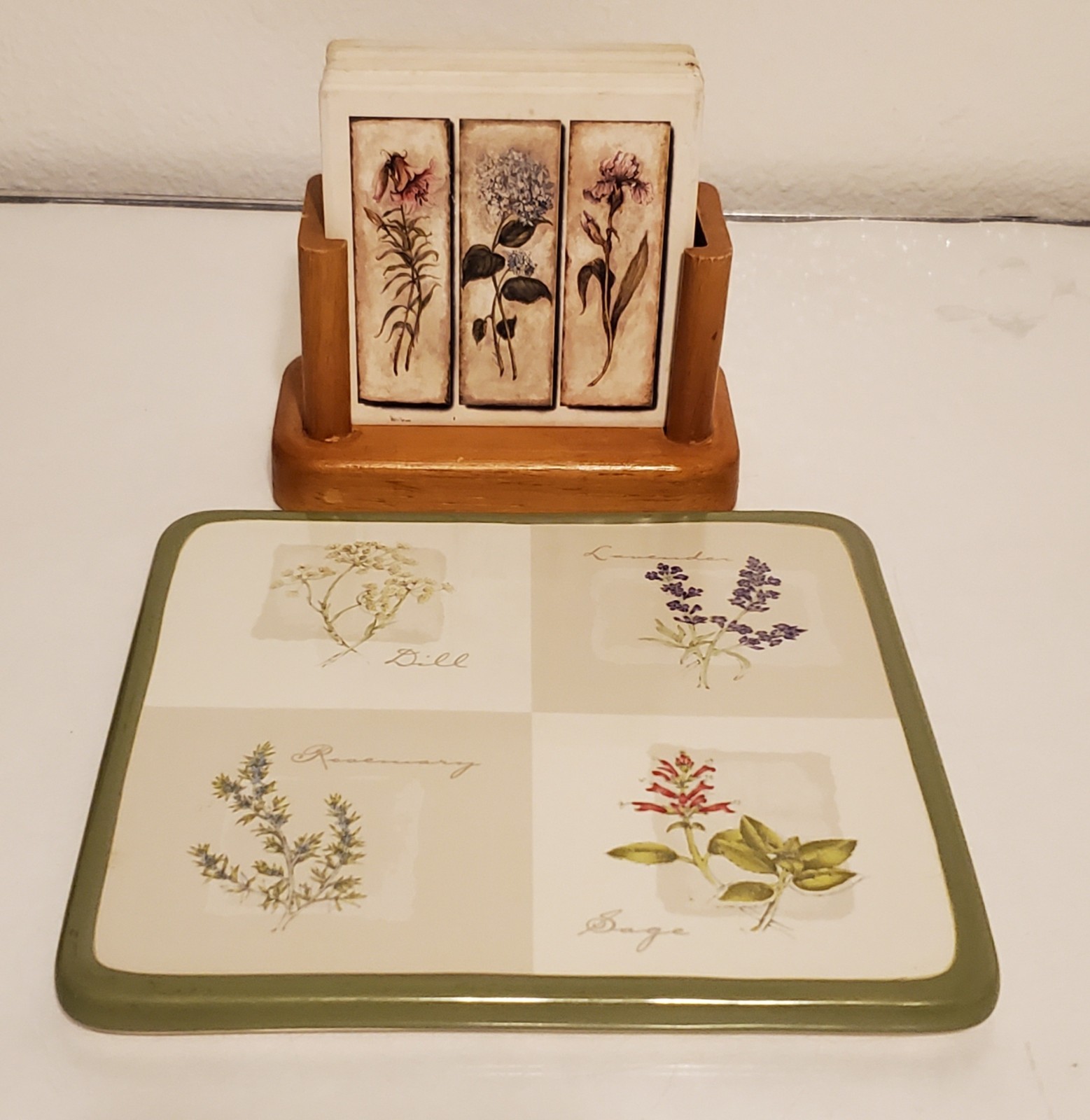 SONOMA Herb Garden Wall Plaque & Floral Tile Coaster Set w Wood Holder Cottage