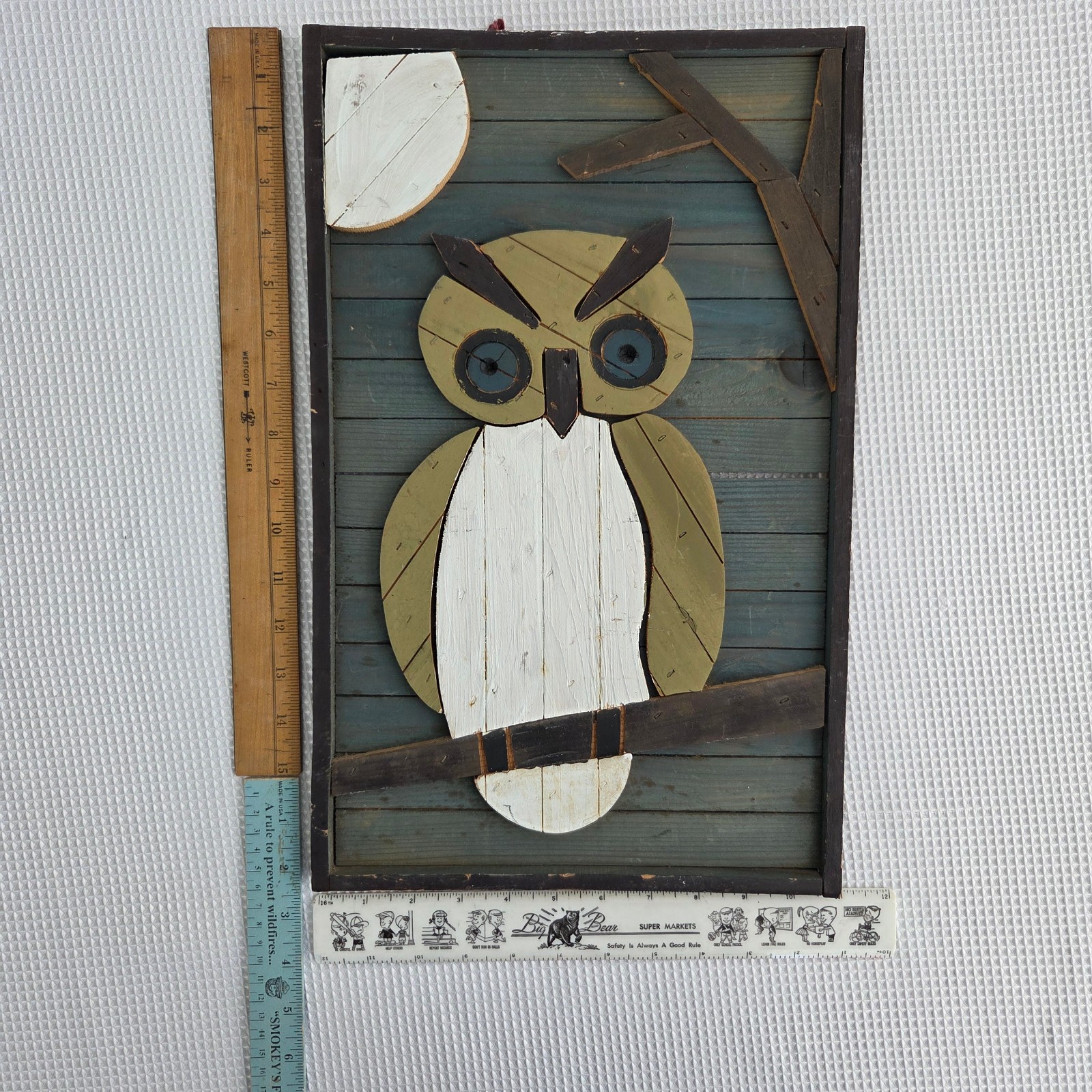 Handmade Folk Art Barn Board Slatted Wooden Lathe Wood Owl 11″ x 17″ Green Brown