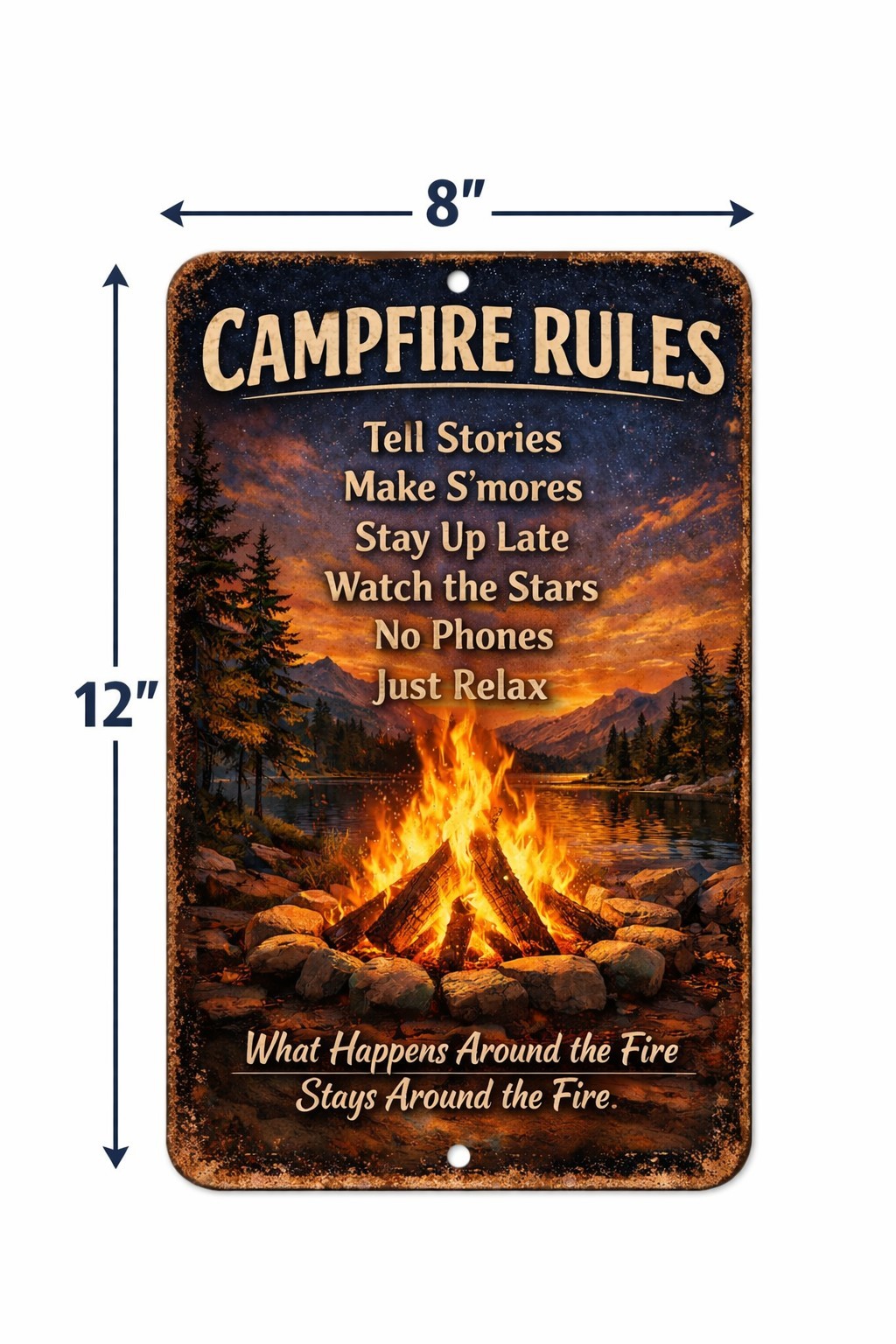 Campfire Rules 8×12 Metal Tin Sign Rustic Cabin Lake House Campfire Decor Lodge