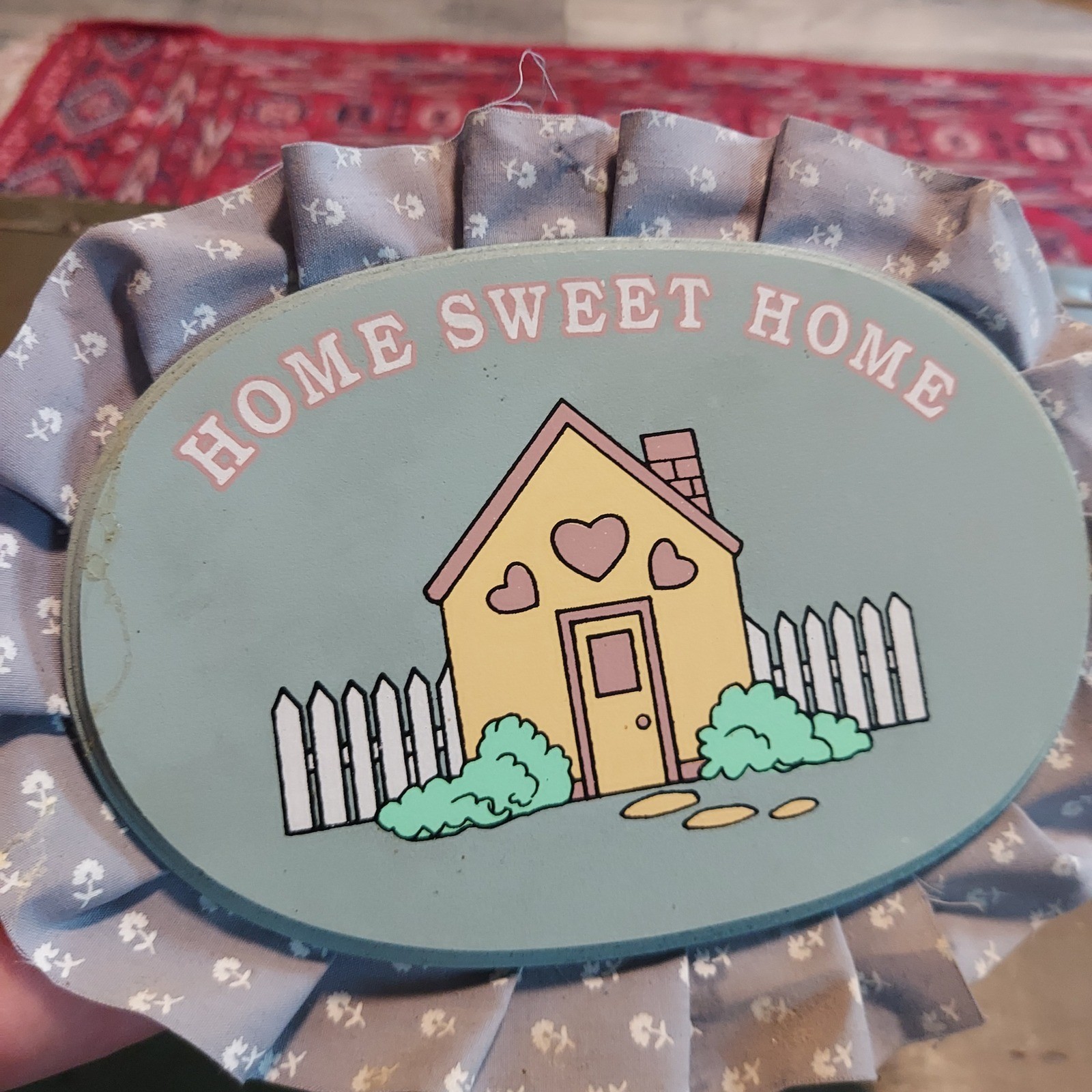 Vintage Home Sweet Home Wall Plaque Oval Wood House Floral Ruffle Cottagecore