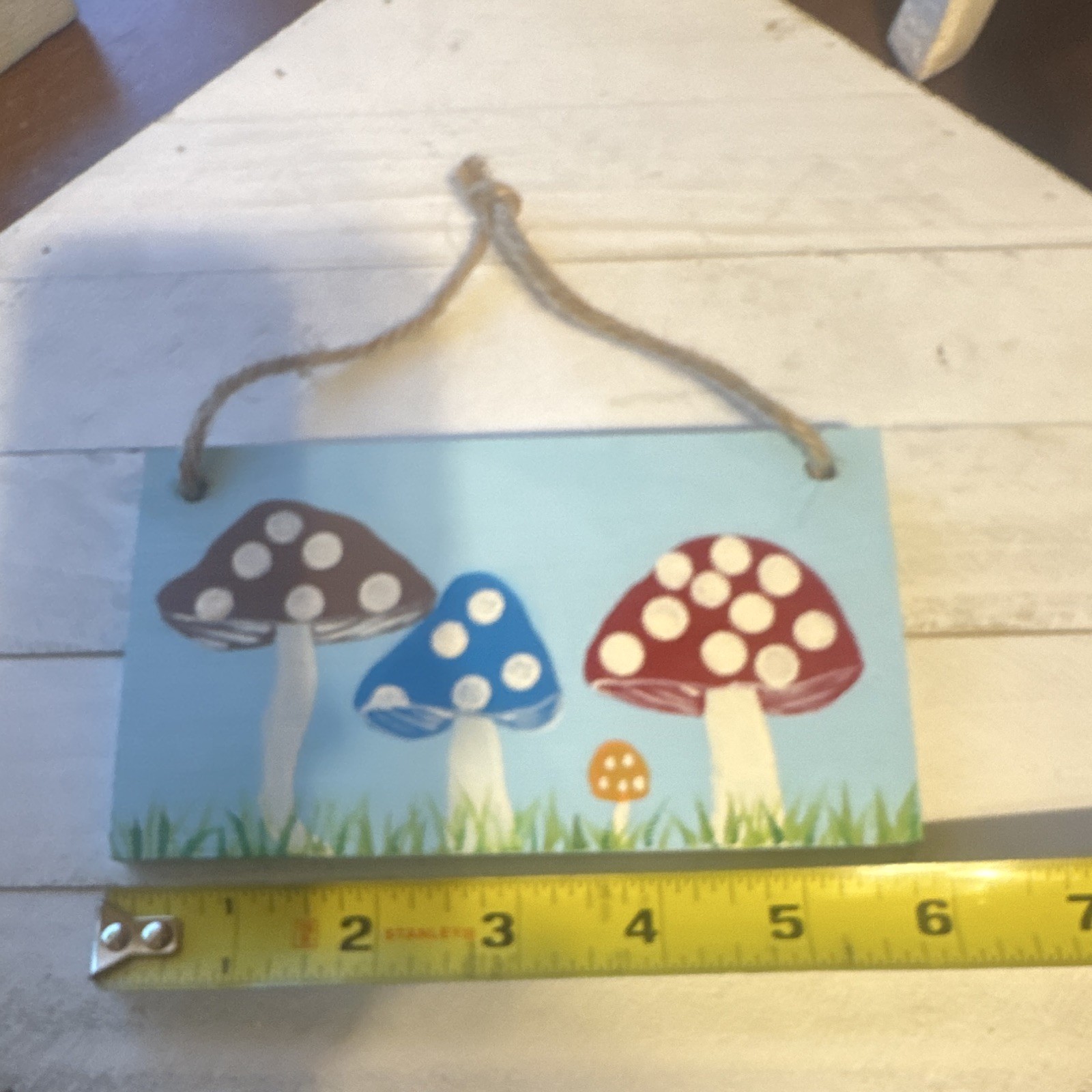 Rustic Wooden Hanging Mushroom Sign w/ Rope Hanger, Blue Rectangular Plaque