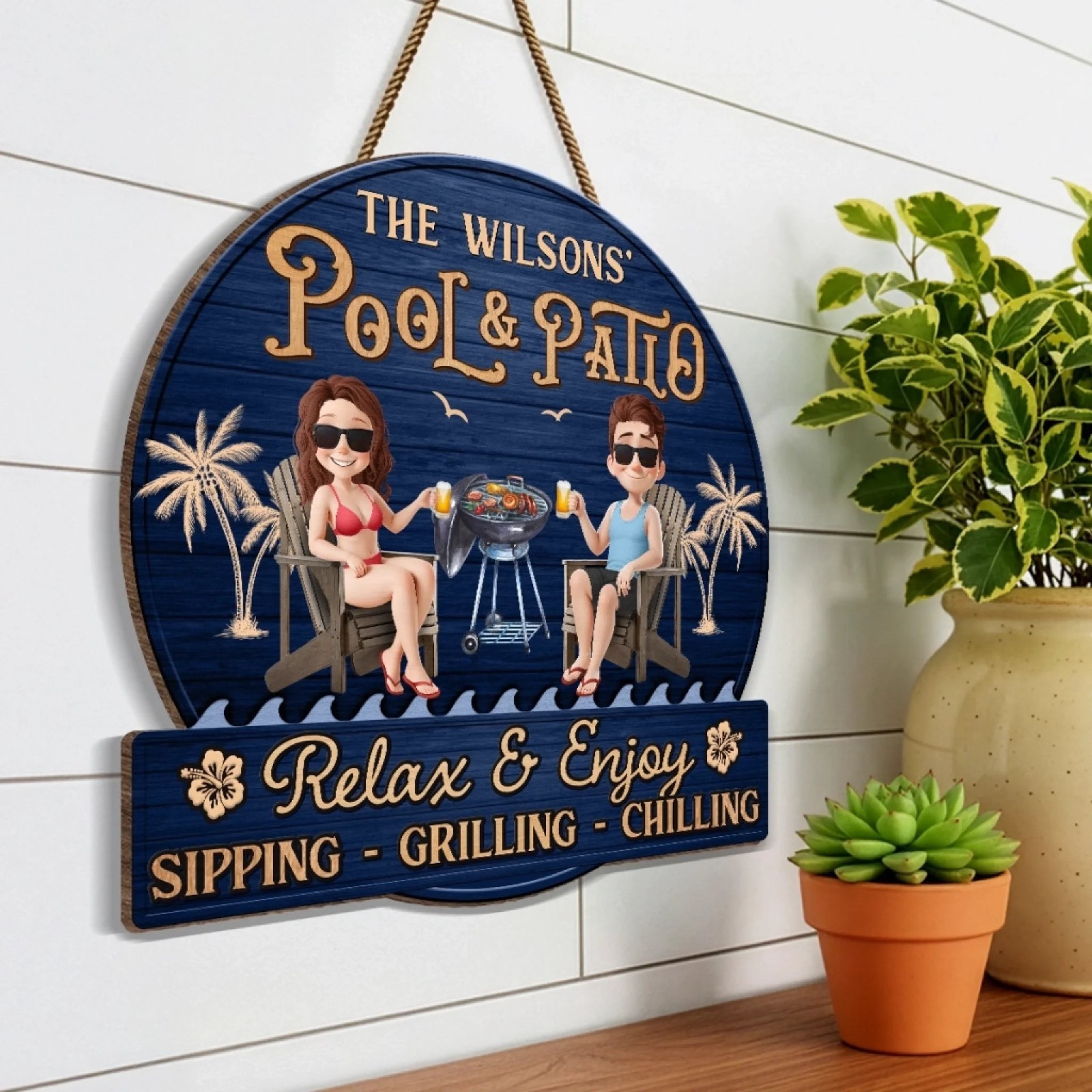Custom Pool Patio Sign Tropical Couple Wooden Backyard Decor Gift