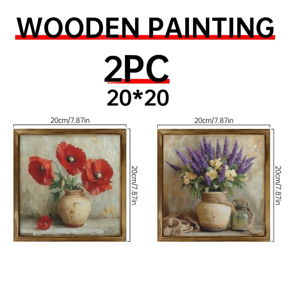 2Pcs Red Poppy Lavender Still Life Wooden Sign French Farmhouse Floral Decor