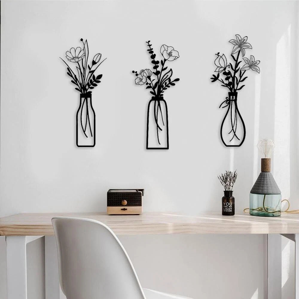 3 Pieces Black Metal Flowers Wall Decor Metal Wall Art Metal Minimalist Wall …