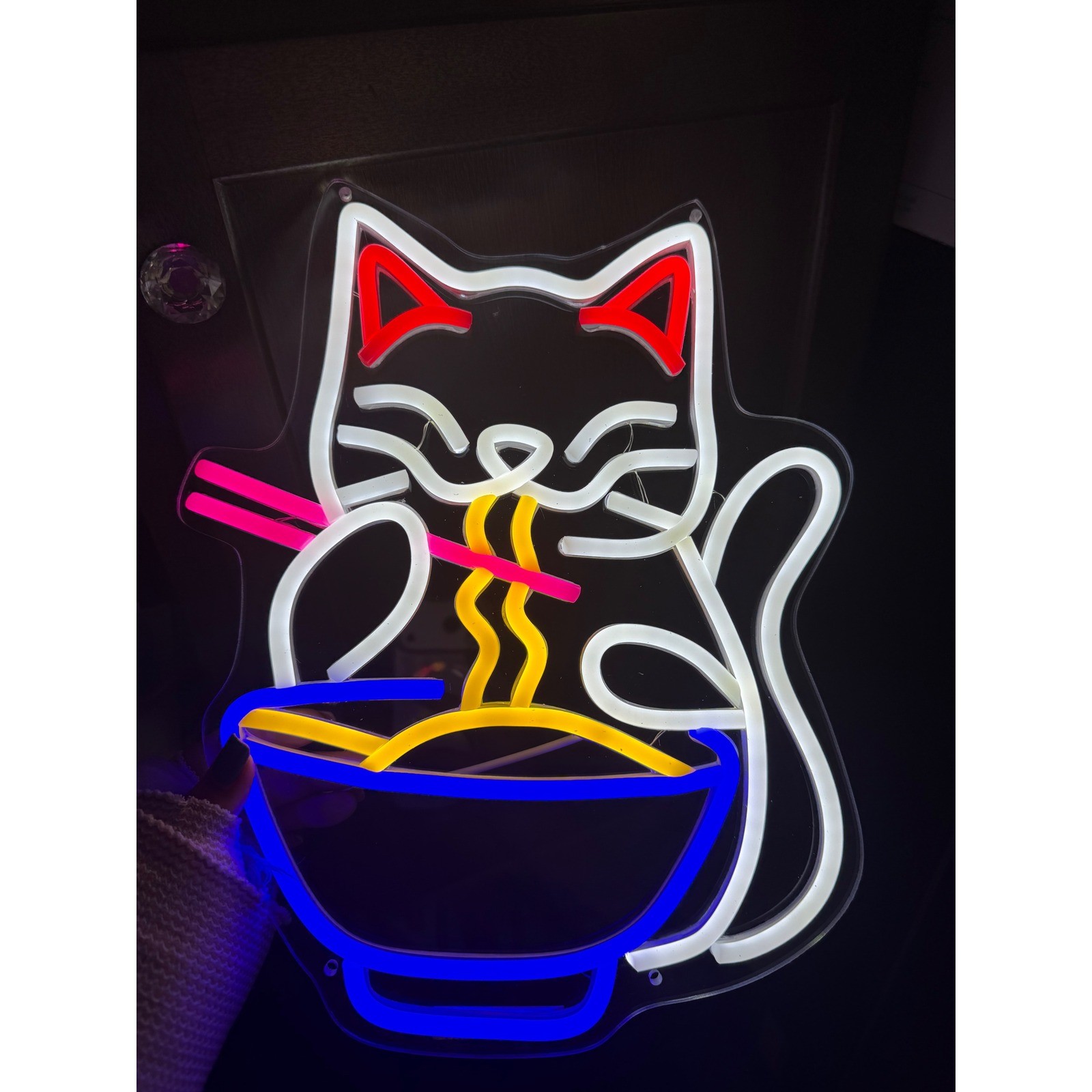 Handmade LED Neon Sign Cat Eating Ramen Noodle Bowl Wall Decor Multi-Color Light