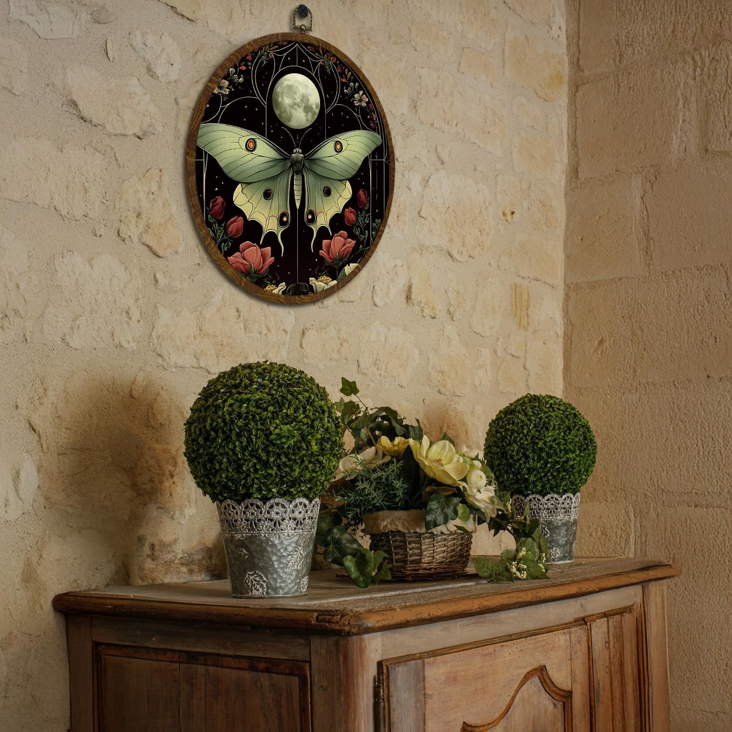 Mystical Luna Moth Round Wall Art,Moon and Floral Canvas Prints, Gothic Botan…