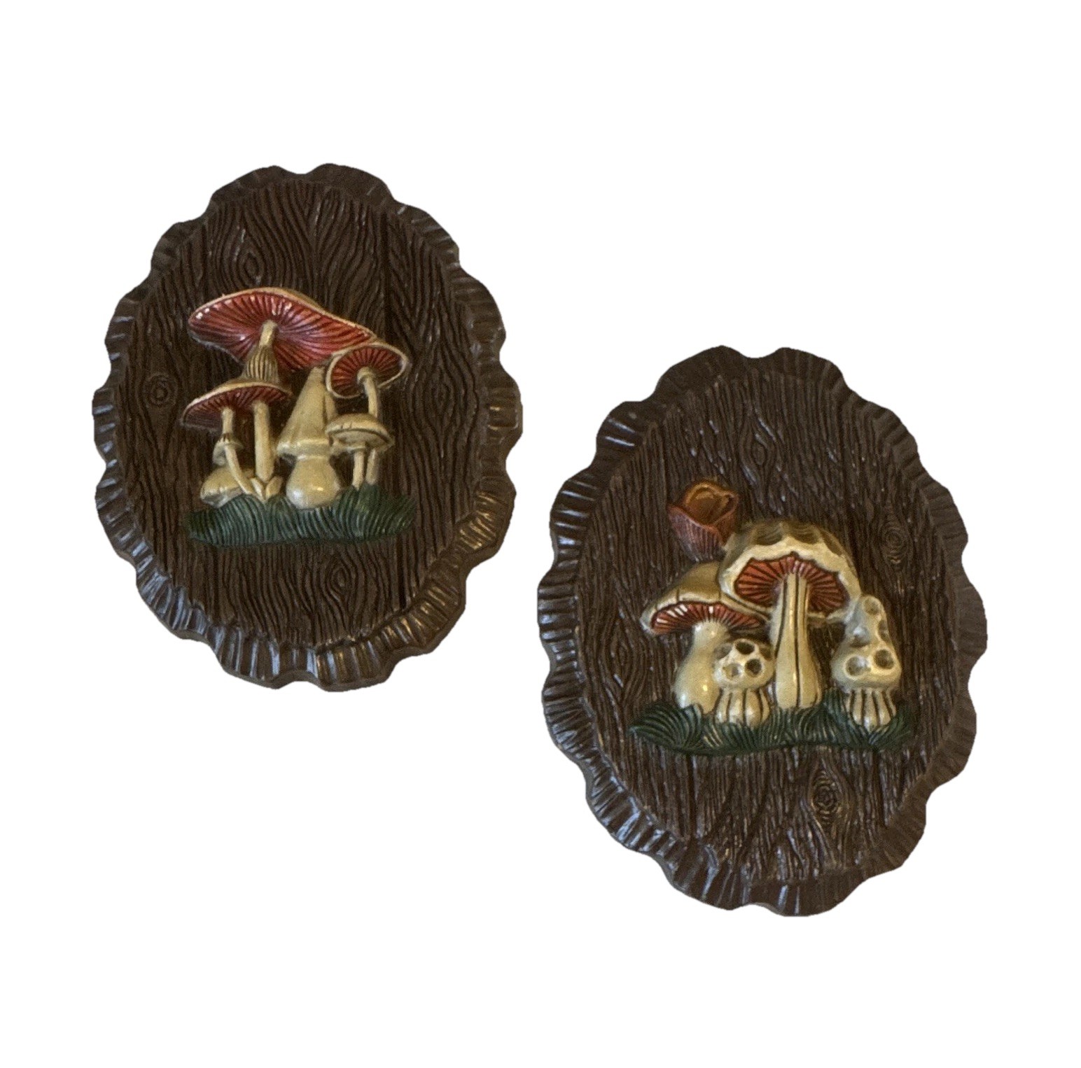 Set of 2 vintage 3D Mushroom Oval Wall Plaques Painted Wood Grain Hanging 70s