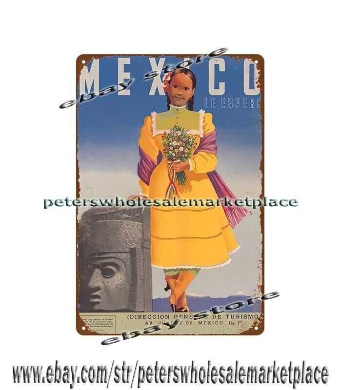 home garden decor Mexico Le Espera Mexican Spanish travel tourism metal tin sign