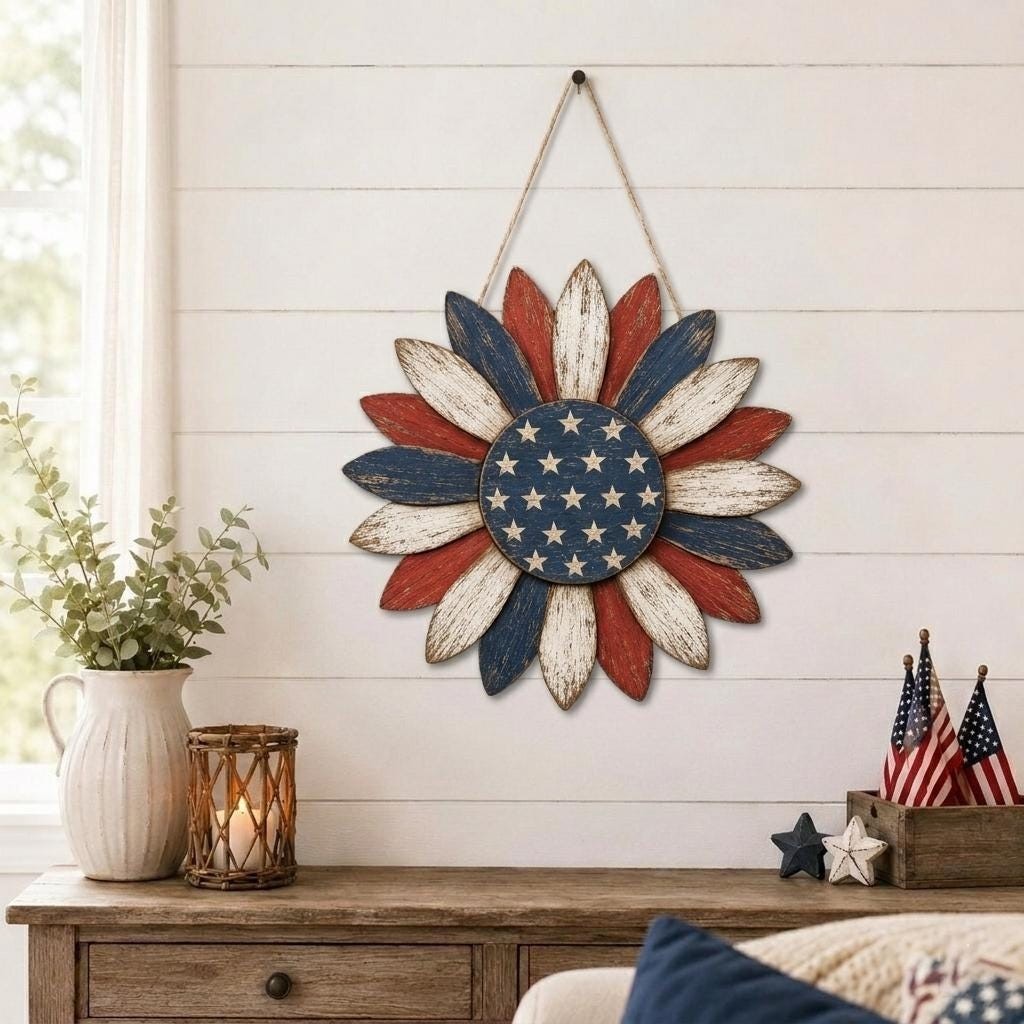 Patriotic Sunflower Door Hanger, Rustic Americana Wall Decor, 4th of July Front