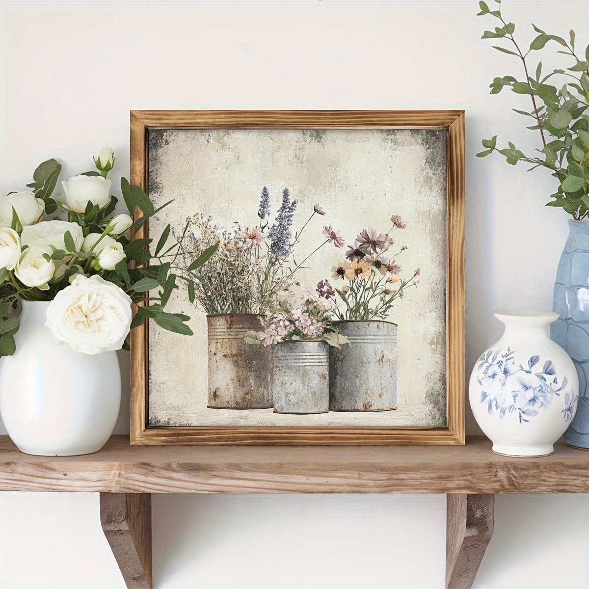 2D Vintage Dry Flower Wall Art Rustic Wood Frame Farmhouse Room Kitchen Decor