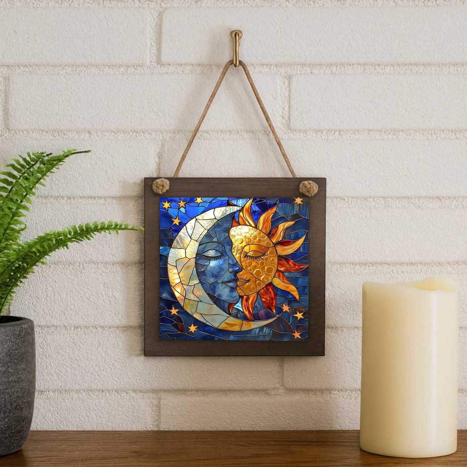 Sun Moon Face Wood Sign 4.8 Inch, Celestial Window Hanging, Small Wall Decor