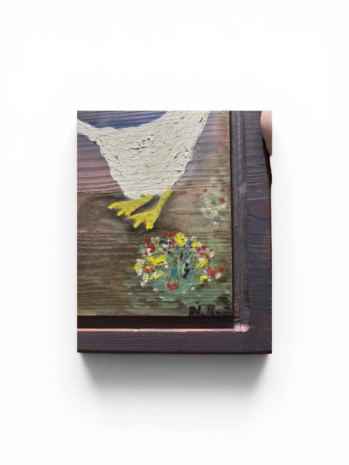 VTG 1975 Hand Painted Wood Plaque Folk Art Rooster Hens Duck Signed Farmhouse