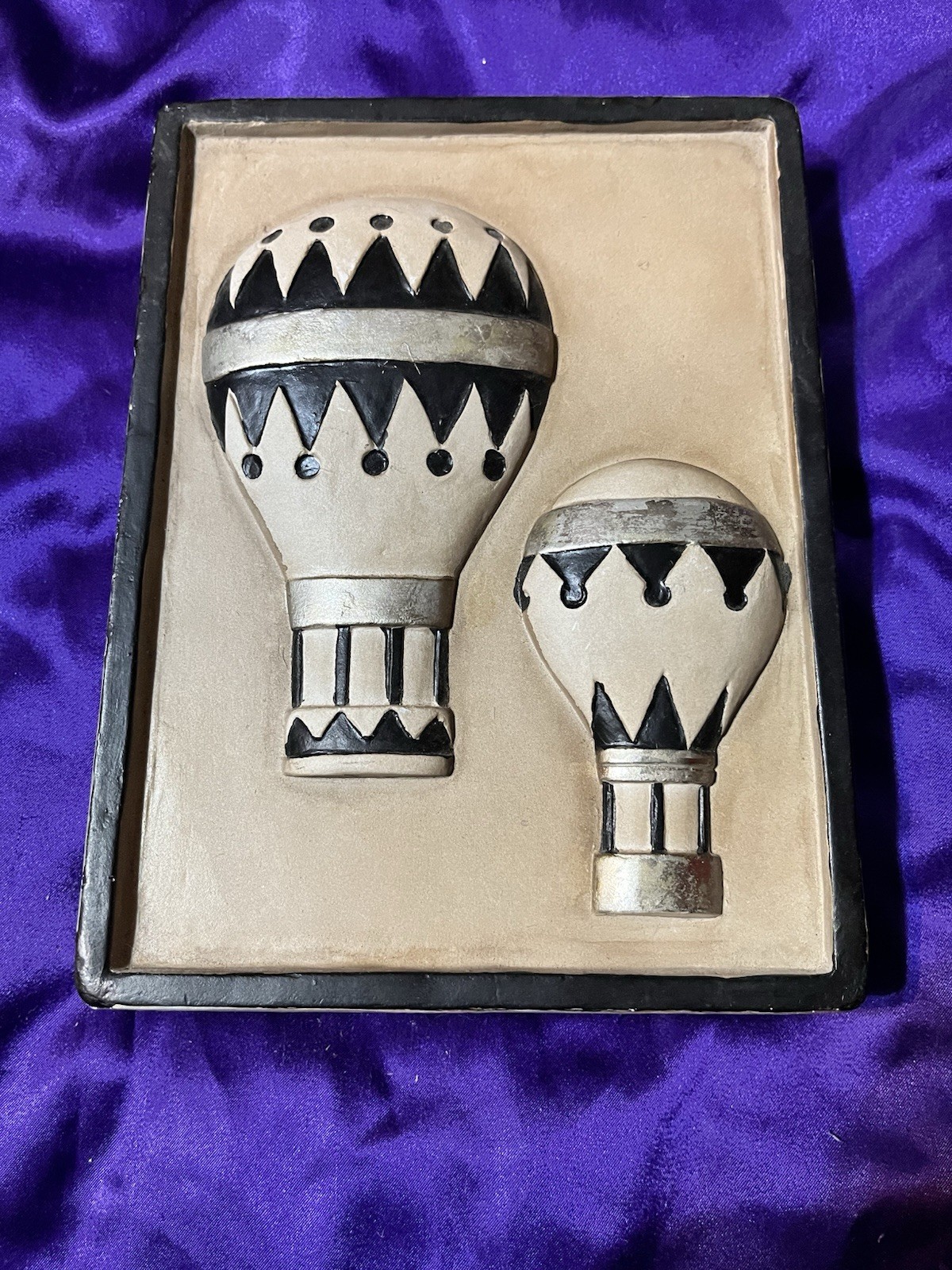 Art Deco 3D Hot Air Balloon Wall Plaque, Black White Beige Plaster, Geometric