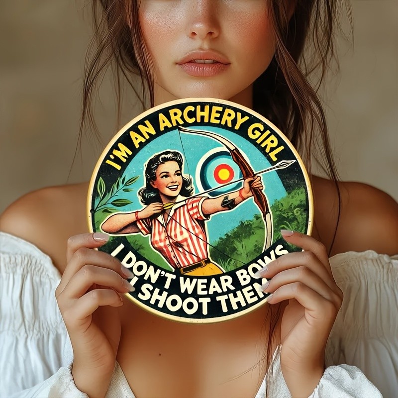 1pc Vintage-Style “Archery Girl” Round Aluminum Wall Art, Tin Metal Signs 8×8 In