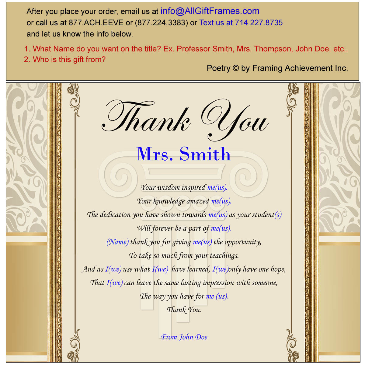 Teacher Thank You Gift Plaque Mentor Educator Professor Student Graduate Present