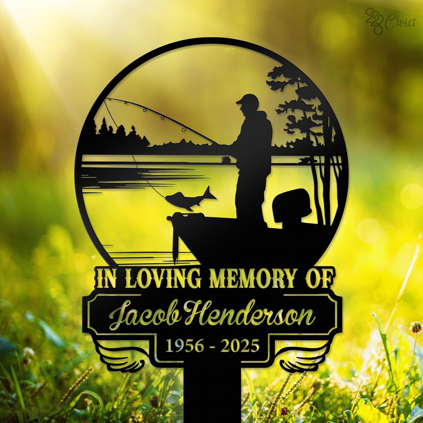 Custom Fishing Heaven Memorial Metal Sign Stake, Fisherman Memorial Sign