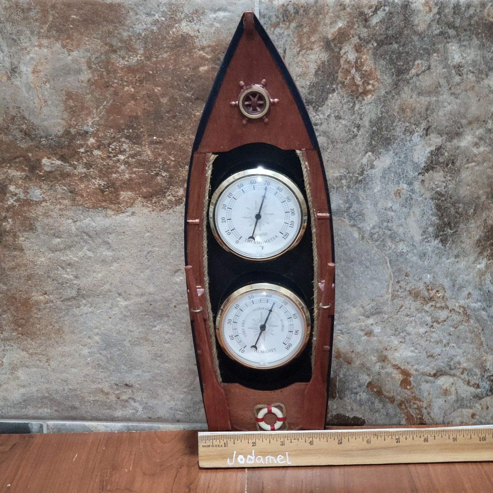 Wall Hanging Wood Rowboat Thermometer Humidity Dial Nautical Sea Decor
