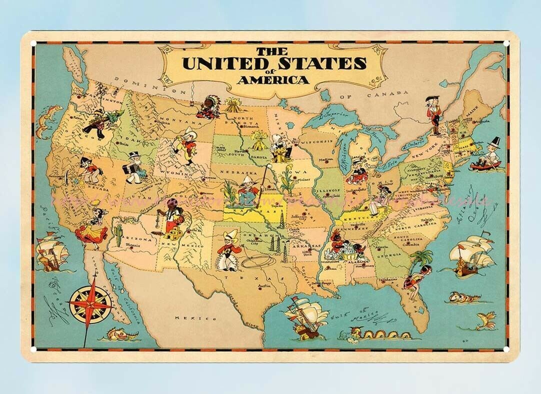 Pictorial map of UNITED STATES OF AMERICA Ruth Taylor 1935 metal tin sign