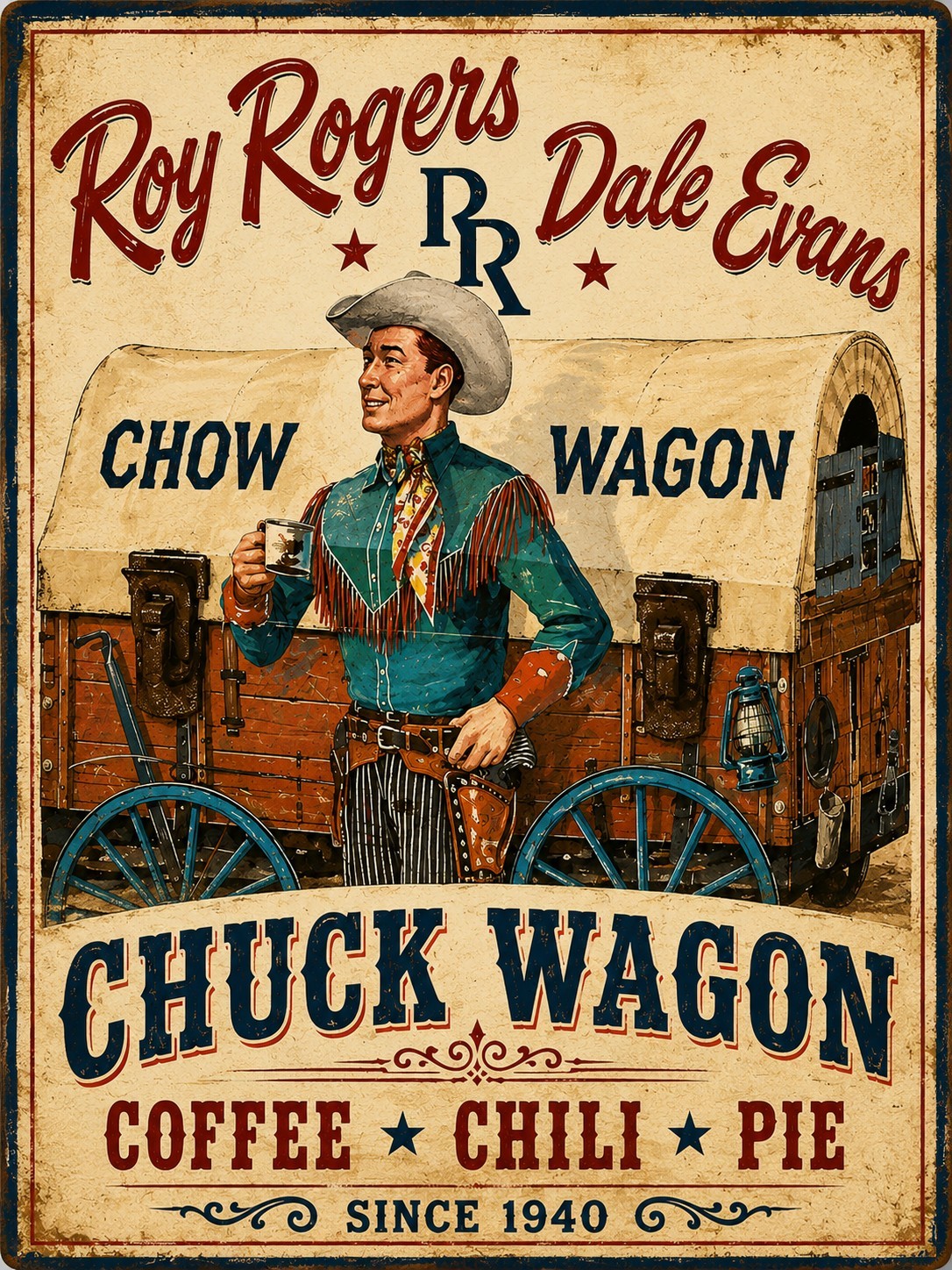Roy Rogers Dale Evans Chuck Wagon Western Cowboy Coffee Metal Sign 8×12