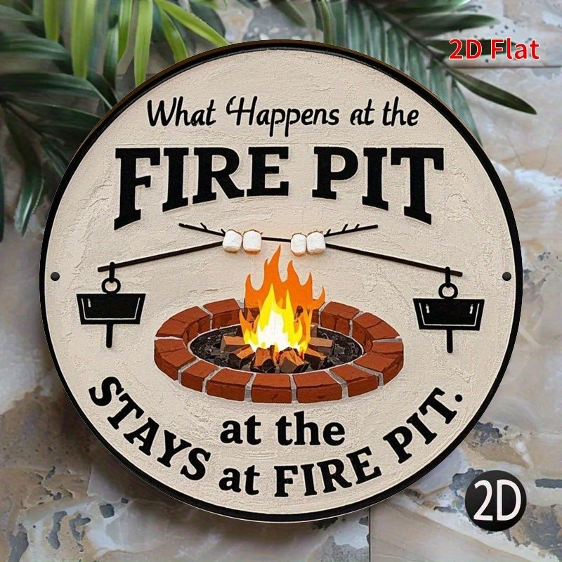 2D Flat, Round Iron Tin Metal Signs 8×8 What Happens at the Fire Pit? – Durable